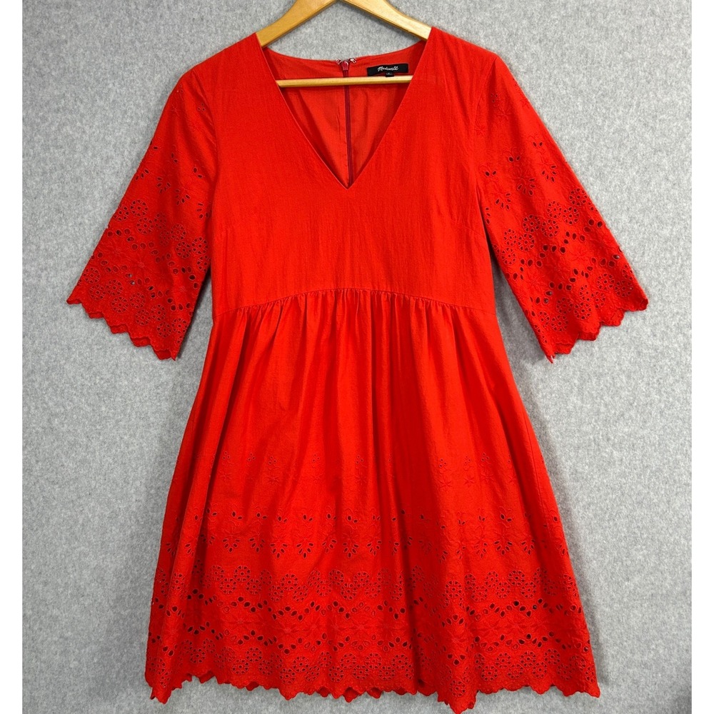 Madewell Size 2 Eyelet Lattice Mini Dress Poppy Red‎ V-Neck Cotton Garden Party